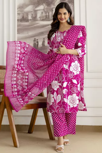 pink cotton straight kurta with floral embroidery