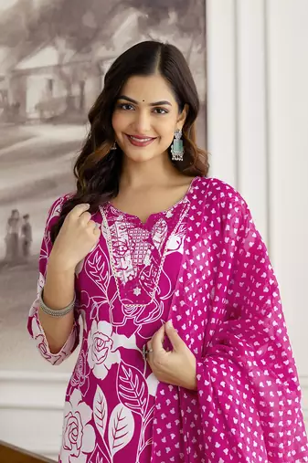 pink cotton straight kurta with floral embroidery