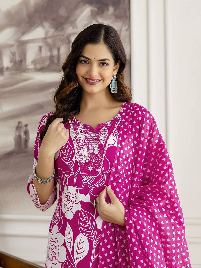 Pink Pure Cotton Floral Print Embroidery Work Anarkali Kurta Pant with Dupatta