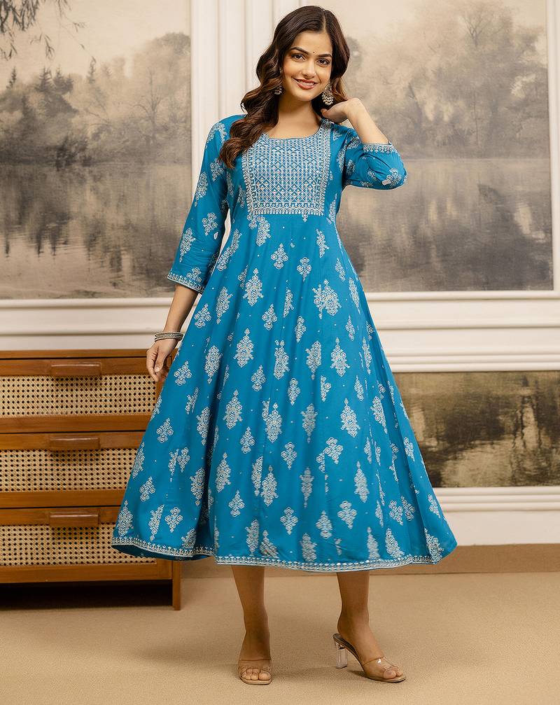 Blue Cotton  Embroidery Sequence Work A-Line Flared Kurti For Women