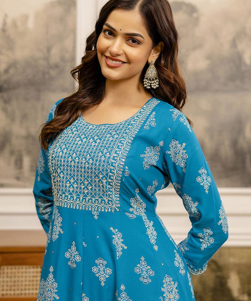 Blue Cotton  Embroidery Sequence Work A-Line Flared Kurti For Women