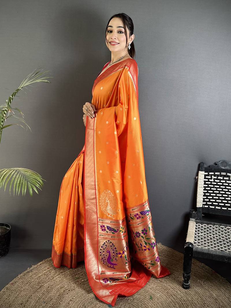 orange lichi silk blend paithani peacock motifs zari work saree