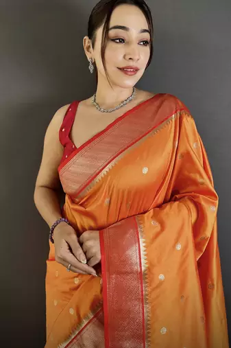 orange lichi silk blend paithani peacock motifs zari work saree