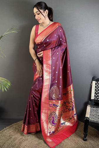 wine lichi silk blend paithani peacock motifs zari work saree