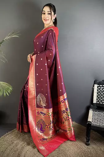 wine lichi silk blend paithani peacock motifs zari work saree