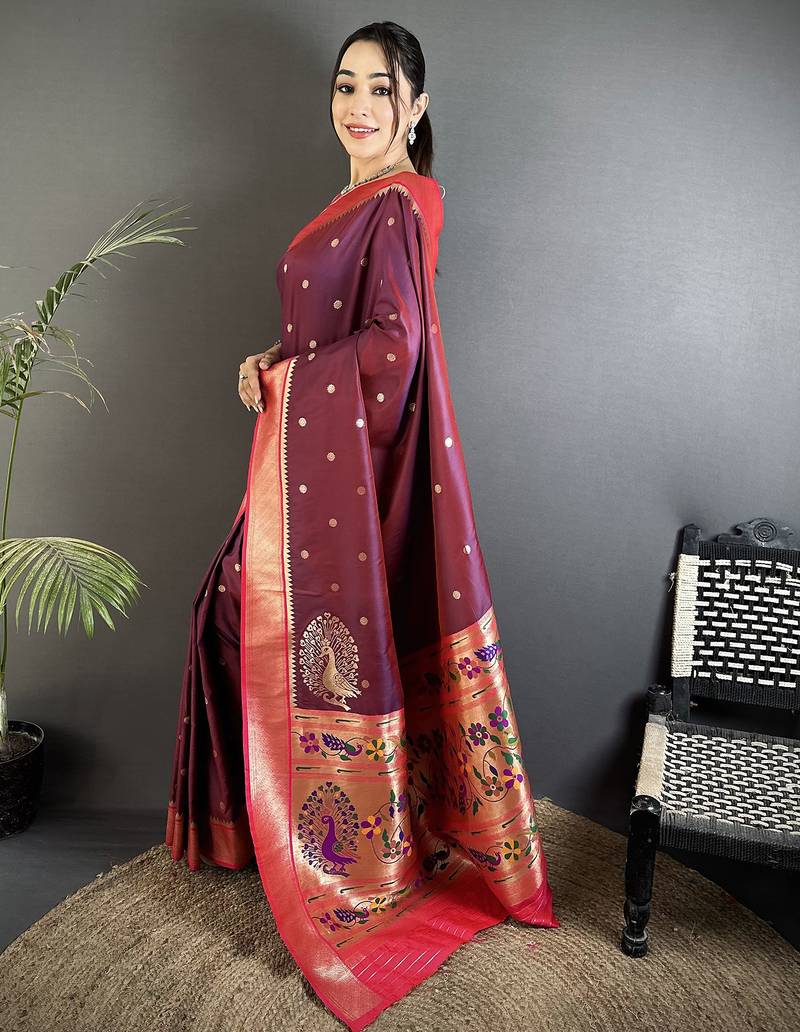 wine lichi silk blend paithani peacock motifs zari work saree