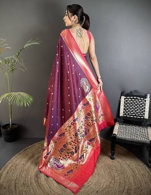 wine lichi silk blend paithani peacock motifs zari work saree 3