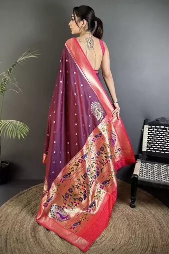 wine lichi silk blend paithani peacock motifs zari work saree