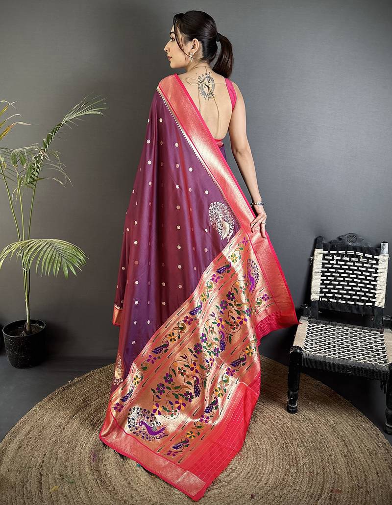 wine lichi silk blend paithani peacock motifs zari work saree