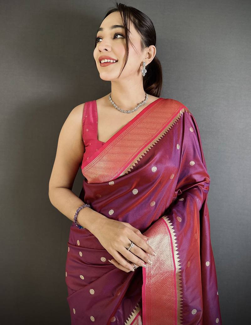 wine lichi silk blend paithani peacock motifs zari work saree