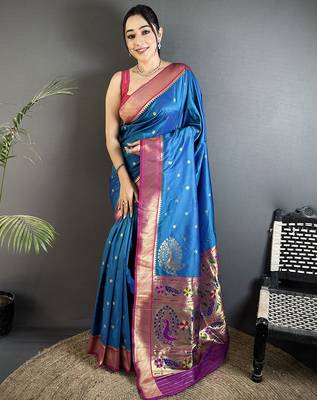 yale blue lichi silk blend paithani peacock motifs zari work saree 1