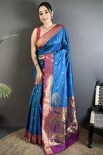 yale blue lichi silk blend paithani peacock motifs zari work saree
