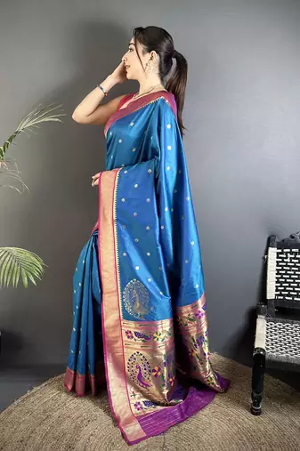 yale blue lichi silk blend paithani peacock motifs zari work saree