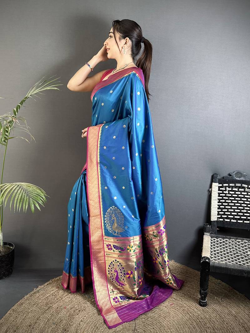 yale blue lichi silk blend paithani peacock motifs zari work saree