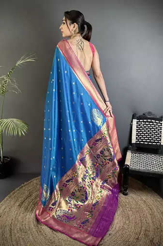 yale blue lichi silk blend paithani peacock motifs zari work saree
