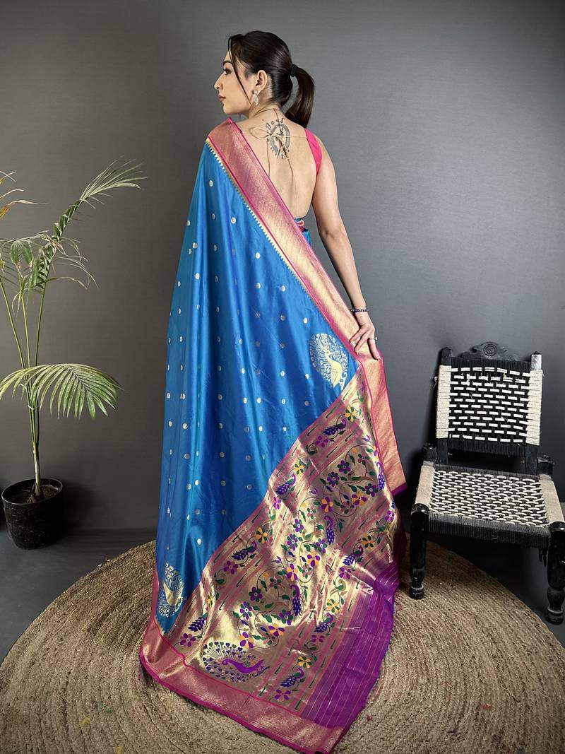 yale blue lichi silk blend paithani peacock motifs zari work saree