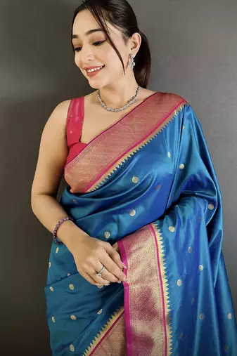 yale blue lichi silk blend paithani peacock motifs zari work saree