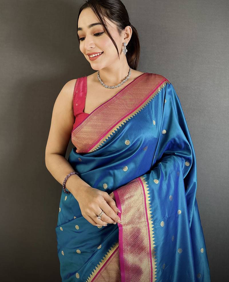 yale blue lichi silk blend paithani peacock motifs zari work saree