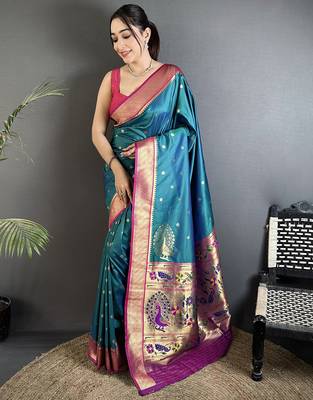 teal lichi silk blend paithani peacock motifs zari work saree 1