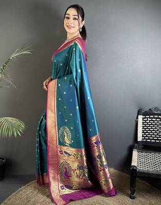 teal lichi silk blend paithani peacock motifs zari work saree 2