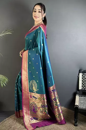 teal lichi silk blend paithani peacock motifs zari work saree
