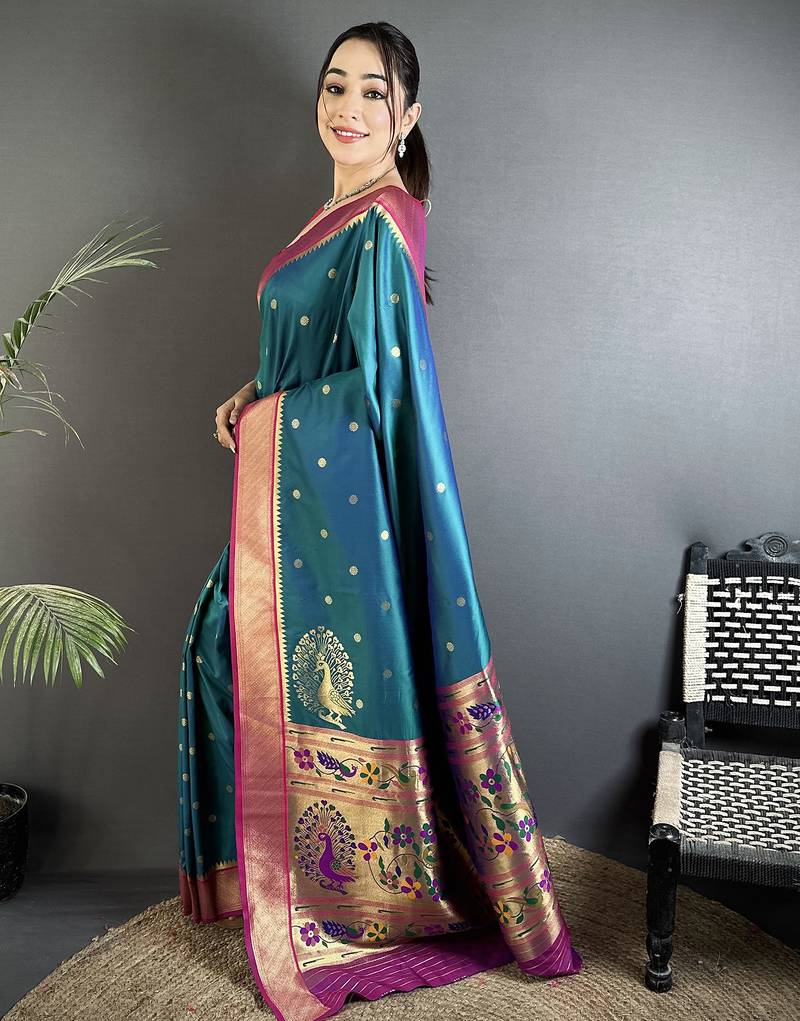 teal lichi silk blend paithani peacock motifs zari work saree
