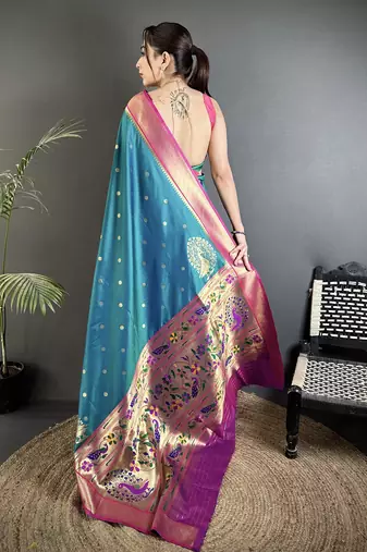 teal lichi silk blend paithani peacock motifs zari work saree