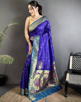 royal blue lichi silk blend paithani peacock motifs zari work saree 1