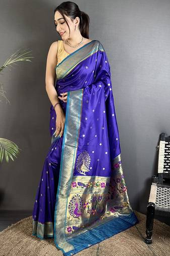 royal blue lichi silk blend paithani peacock motifs zari work saree