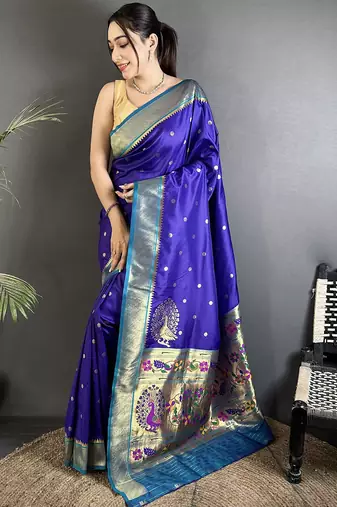 royal blue lichi silk blend paithani peacock motifs zari work saree