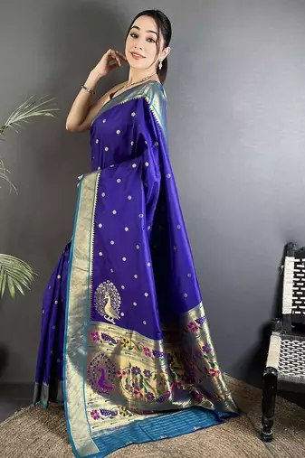 royal blue lichi silk blend paithani peacock motifs zari work saree