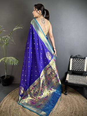 royal blue lichi silk blend paithani peacock motifs zari work saree 3