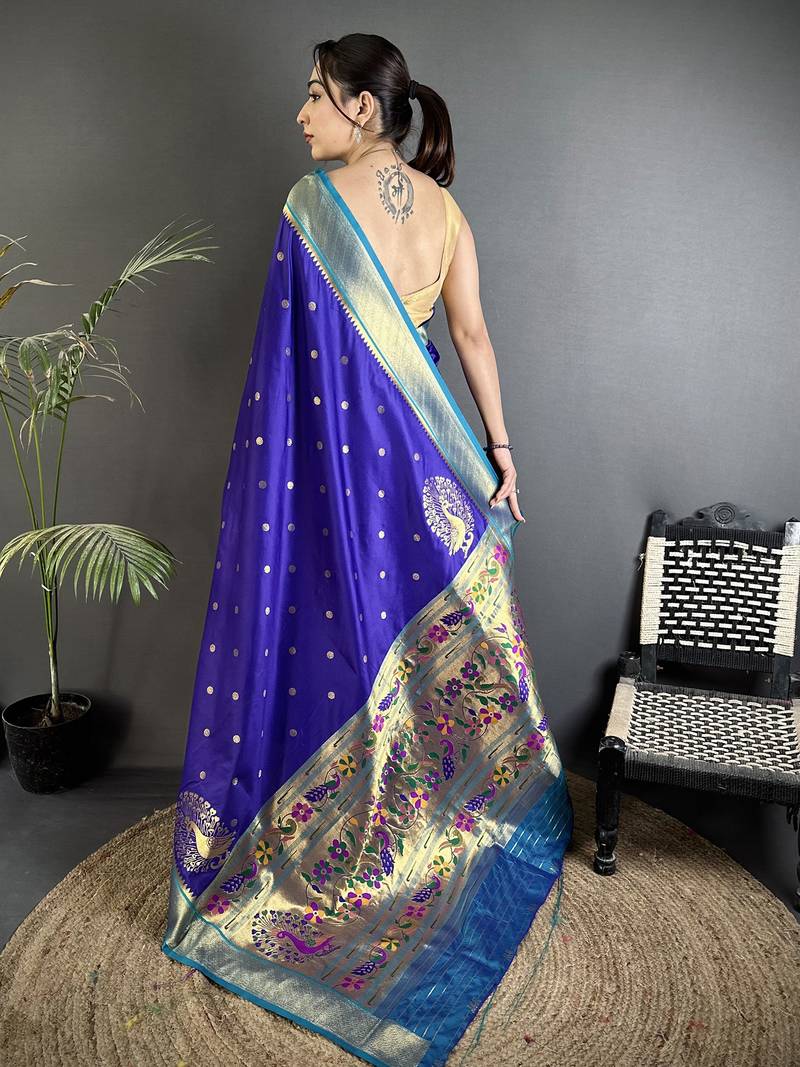 royal blue lichi silk blend paithani peacock motifs zari work saree