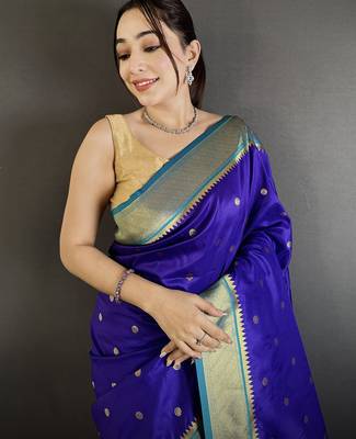 royal blue lichi silk blend paithani peacock motifs zari work saree 4