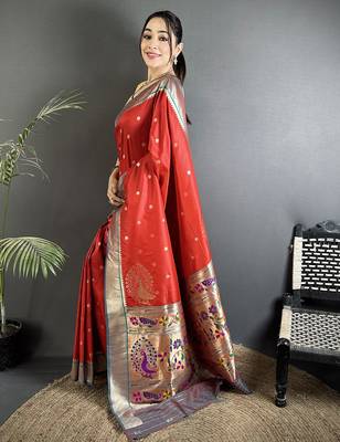red lichi silk blend paithani peacock motifs zari work saree 2