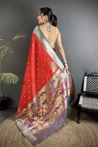 red lichi silk blend paithani peacock motifs zari work saree