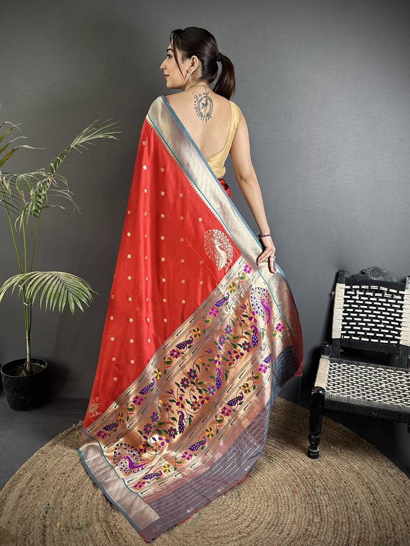 red lichi silk blend paithani peacock motifs zari work saree