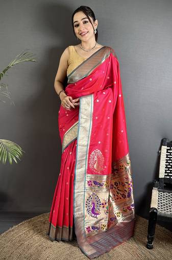 pinkish red lichi silk blend paithani peacock motifs zari work saree