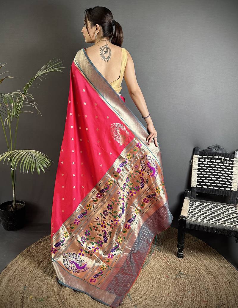 pinkish red lichi silk blend paithani peacock motifs zari work saree