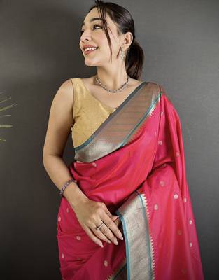 pinkish red lichi silk blend paithani peacock motifs zari work saree 4