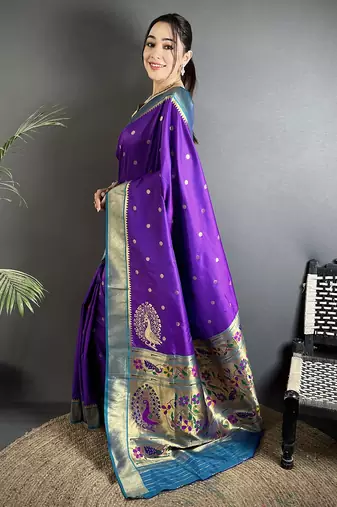 purple lichi silk blend paithani peacock motifs zari work saree