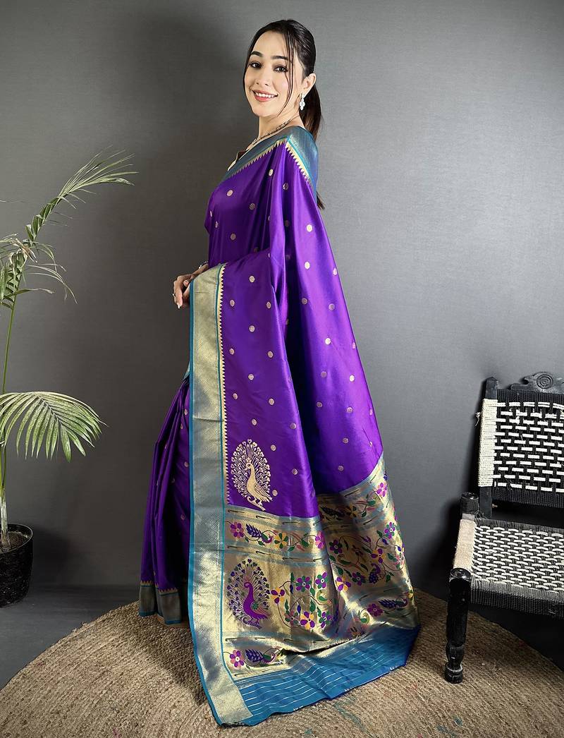 purple lichi silk blend paithani peacock motifs zari work saree