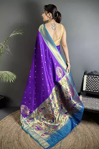 purple lichi silk blend paithani peacock motifs zari work saree