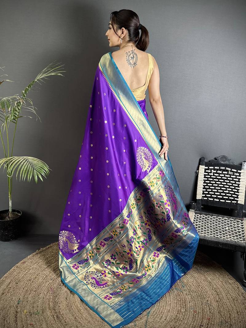 purple lichi silk blend paithani peacock motifs zari work saree