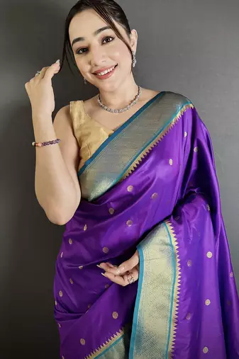 purple lichi silk blend paithani peacock motifs zari work saree