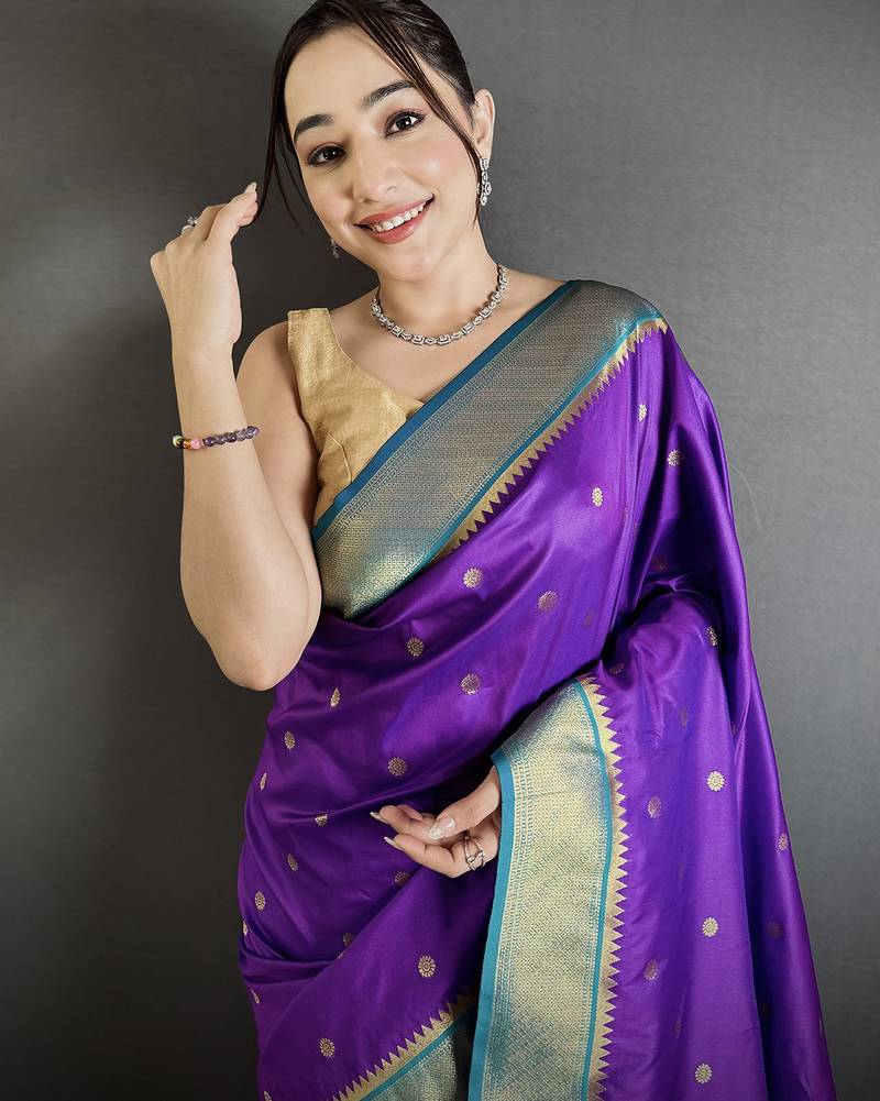 purple lichi silk blend paithani peacock motifs zari work saree
