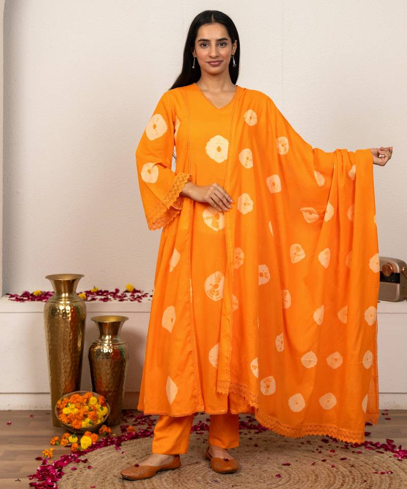 Orange tie & dye cotton suit set of 3