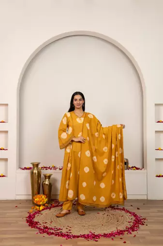 Mustard yellow tie & dye cotton suit set of 3