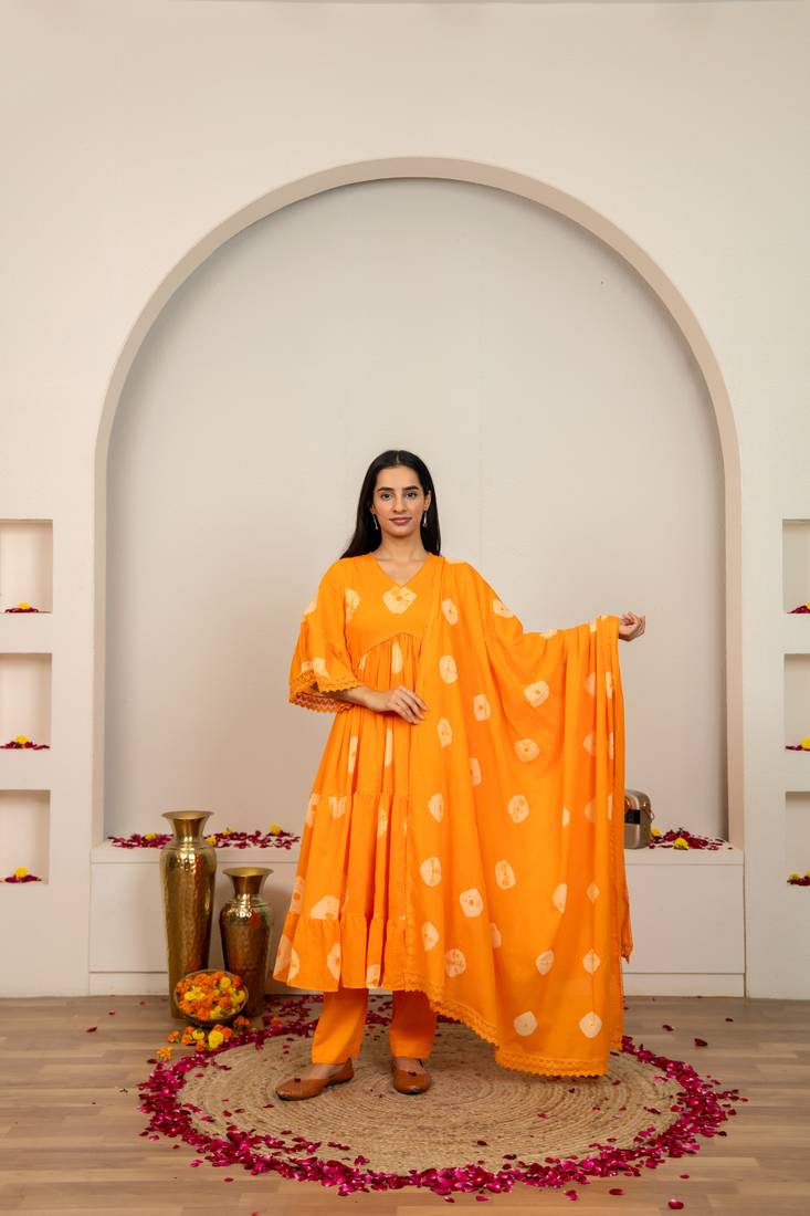 Orange tie & dye cotton suit set of 3