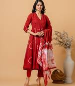 Red green hand block printed cotton suit set of 3